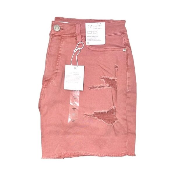 LC Lauren Conrad Womens Pink High Rise Distressed Cutoff Jean Shorts Sz 12 New - Picture 4 of 9